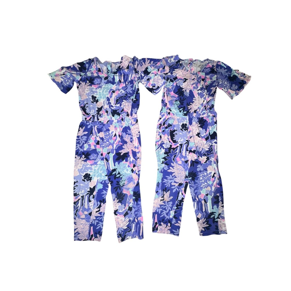 Two Lilly Pulitzer Girls Size 4/5 Mini Maliah Jumpsuits Iris Blue Giraffic Park